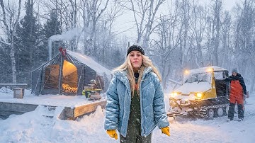 CRAZY Blizzard! Grooming Trails w/ Heavy Equipment, Demolishing Buildings & Hot Tent Camping 