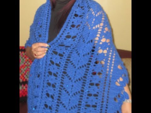 فيديو شرح طريقة عمل شال مستطيل باللون النيلي سهله وشيك نسائي الخطوات بالكروشية  crochet shawl indigo كروشيه - عمايل ايديا