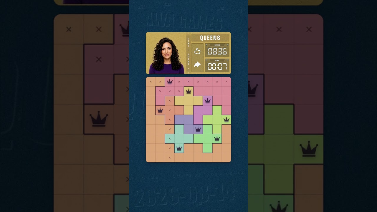 LinkedIn Queens #836 solved board for August 14, 2026, 9x9 grid