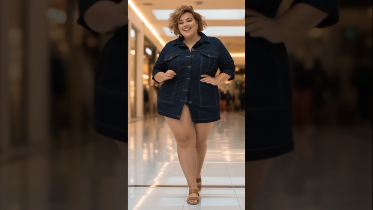 "Curvy queen in denim dress serving confidence & style on the mall runway 👑✨ 