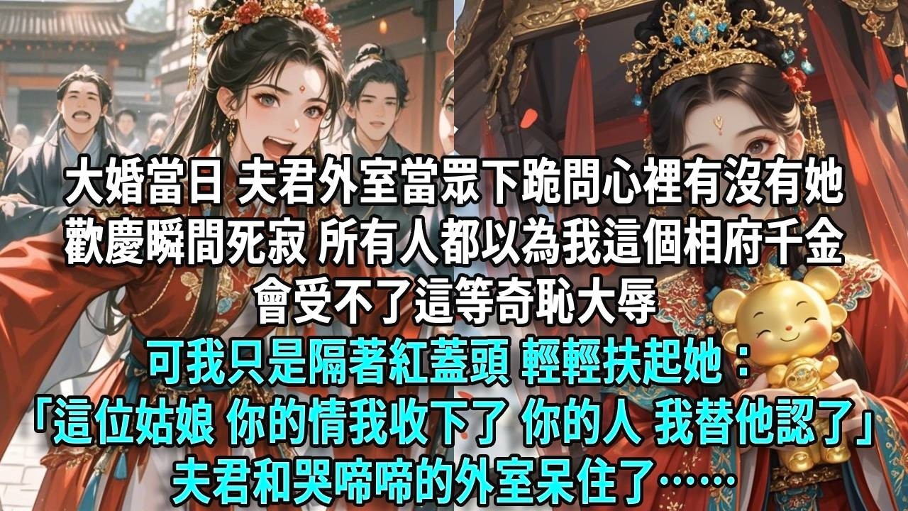 大婚當日，夫君外室當眾下跪問心裡有沒有她，歡慶瞬間死寂，所有人都以為我這個相府千金會受不了這等奇恥大辱，可我只是隔著紅蓋頭，輕輕扶起她：「這位姑娘你的情我收下了。你的人我替他認了」，夫君和哭啼啼的外室