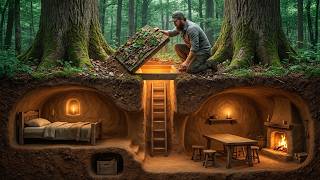Building a Secret Dugout Between Two Oak Trees | Bushcraft Survival Shelter