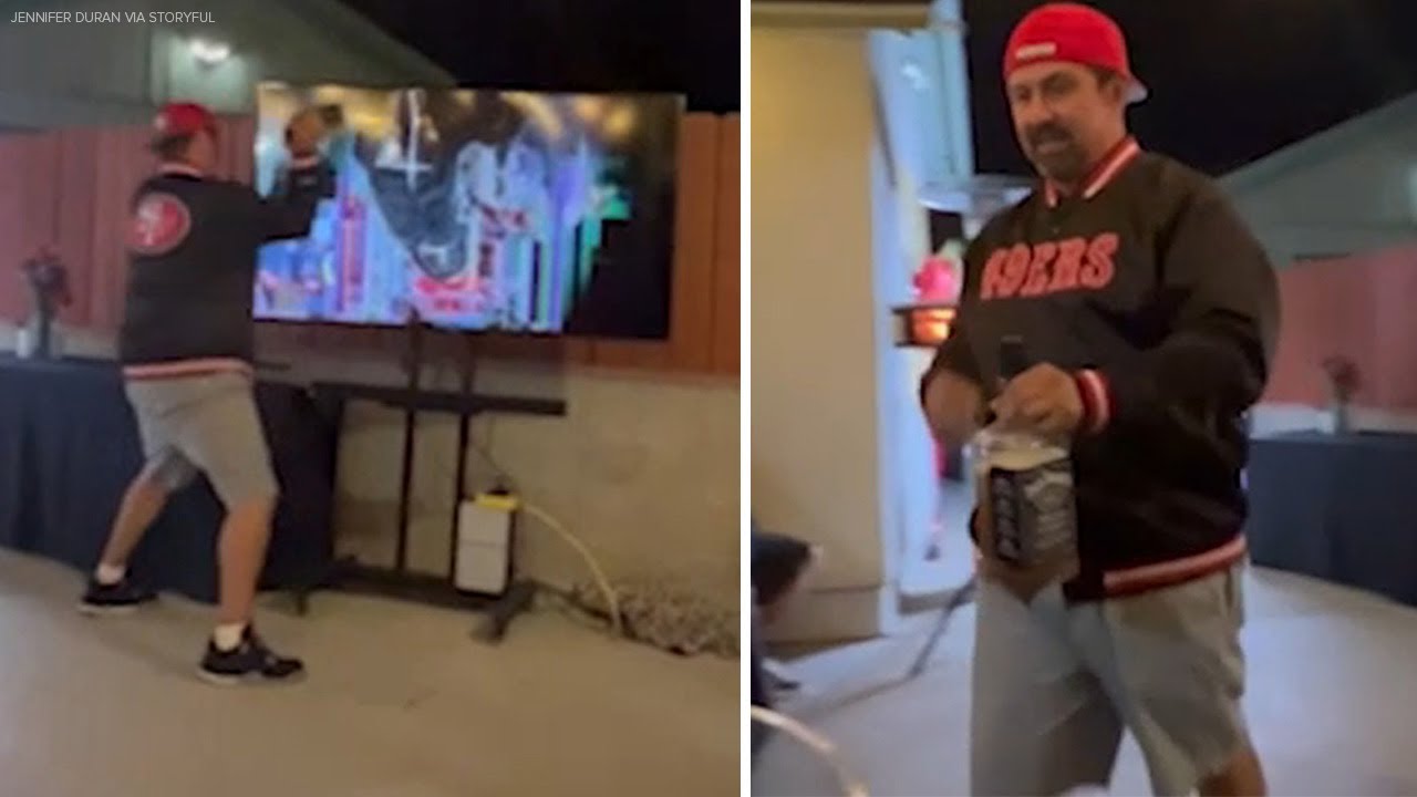 Angry 49ers fan smashes TV with whiskey bottle after team loses Super Bowl