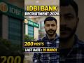 IDBI Bank Recruitment 2026 | 200 Posts | Last Date 19 March | Assistant Manager Job #shorts