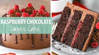 This raspberry chocolate layer cake is super moist and layered with
smooth ganache filling, all covered in a fudgy frosting...