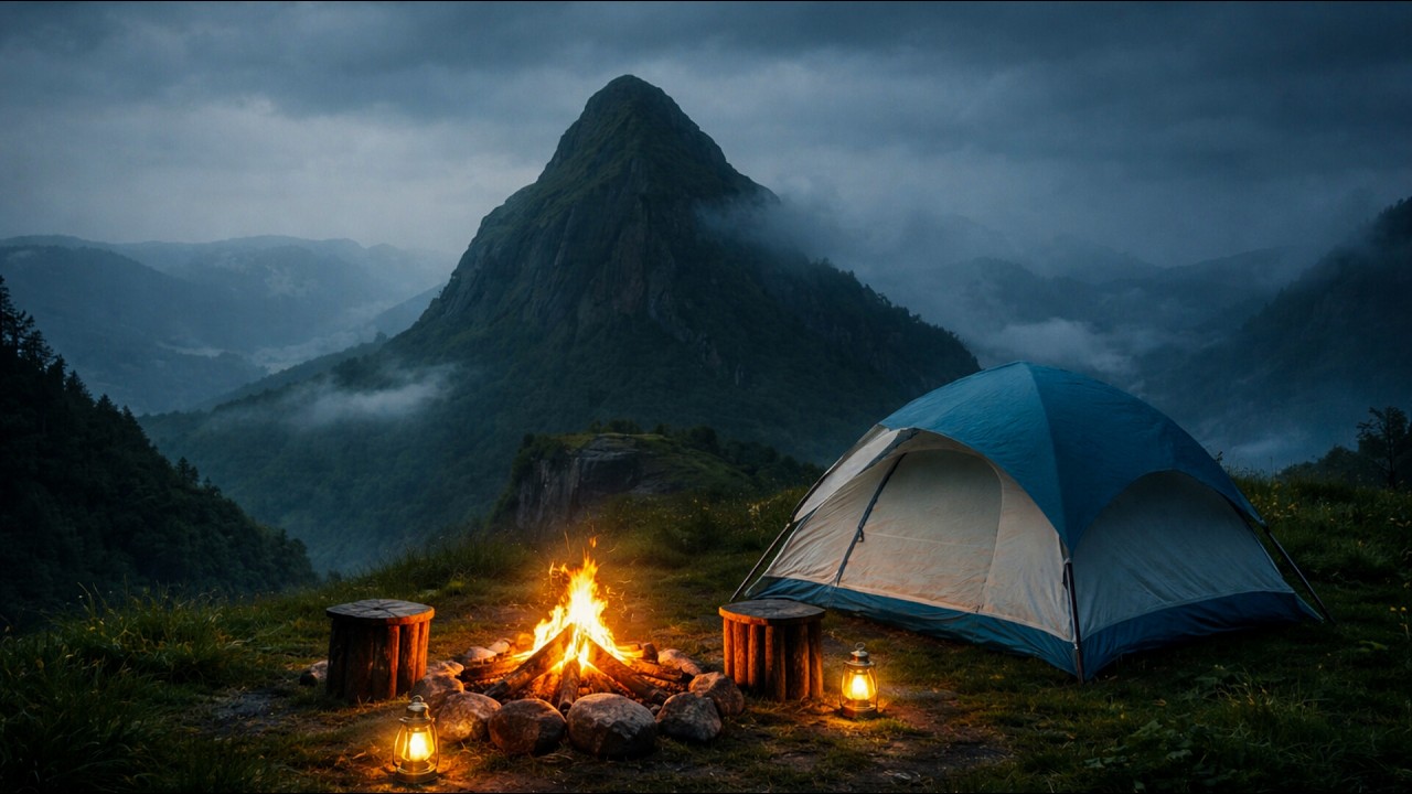 Deep Sleep Mountain Top CAMPFIRE with Camp , Fog, Mist, Stress Relief, Fire, Meditation - ASMR