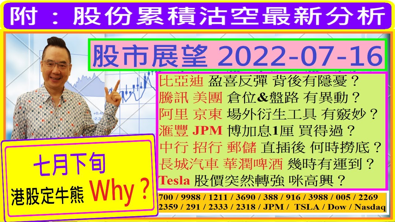 比亞迪 盈喜反彈 背後有隱憂？😥/Tesla 股價突然轉強 咪高興？😨/騰訊 美團 倉位盤路 有異動🤔/阿里 京東 場外衍生工具  有竅妙？😜/滙豐 JPM 博加息1厘 買得過？😬/2022-07-16