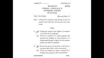 Formal Language and Automata Theory B.Tech 5th Sem 2023 KUK Question Paper