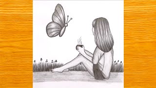 How to Draw a Cute Girl with Coffee & Butterfly Step by Step | Easy Sketch