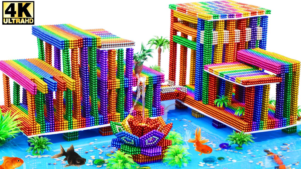 Building Luxury House with Goldfish Aquarium and Fountain from Magnetic Balls | MM 4K ASMR