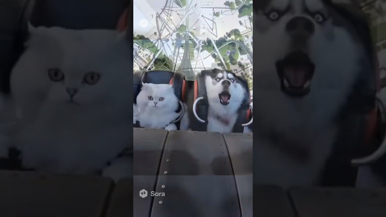 😱 Хаски и кот кричат ​​на американских горках! 🎢🐾 