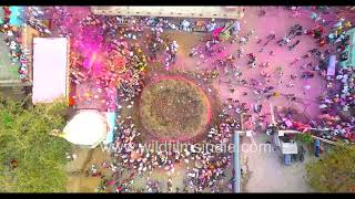 Vrindavan at Holi: Bird's eye aerial view of bustling Uttar Pradesh town celebrating colour festival