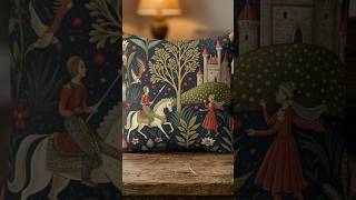 Medieval Tapestry Pillow, Knight and Maiden, Fairytale Decor, Folk Art Pillow, Vintage Storybook