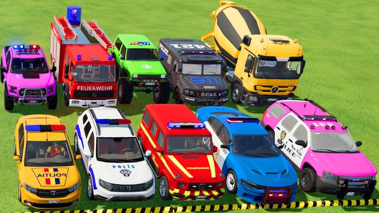 TRANSPORTING POLICE CARS, AMBULANCE, FIRE TRUCK, COLORFUL CARS WITH TRUCK -FARMING SIMULATOR 22!
