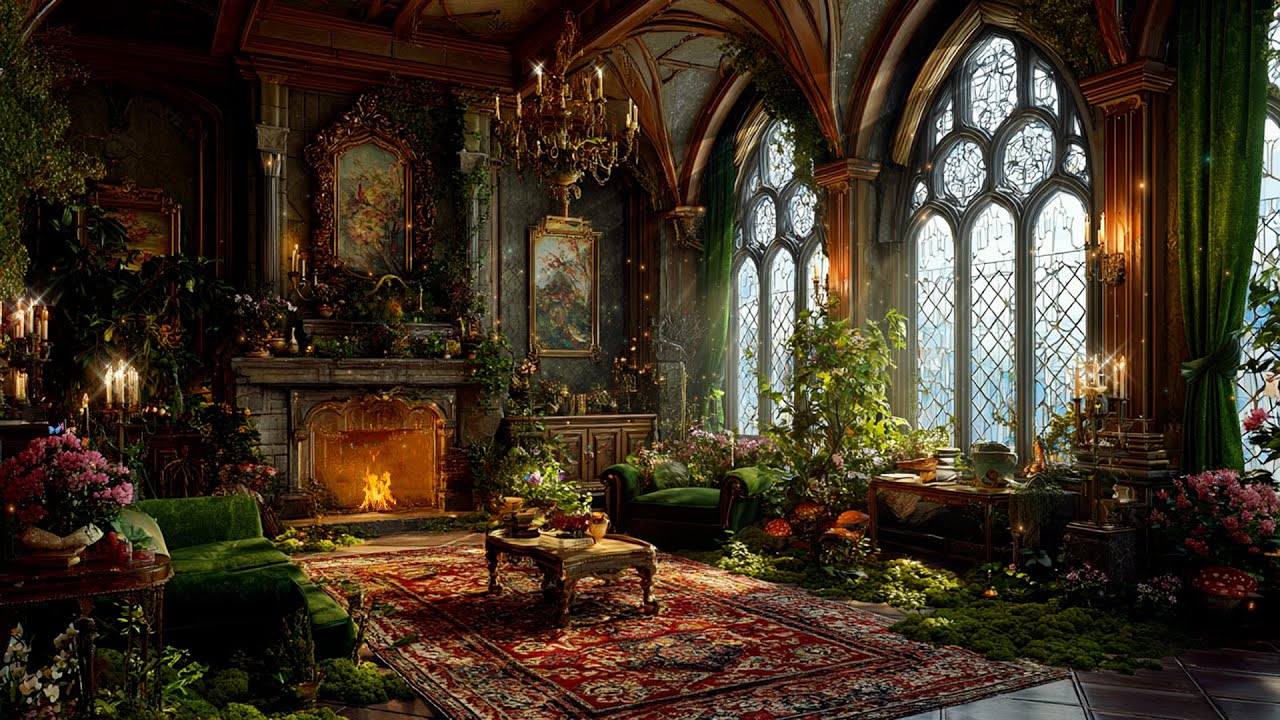 Whimsical Medieval Green Moss Castle | Fantasy Magical Music & Soft Fire | ASMR, Rest, Heal Mind