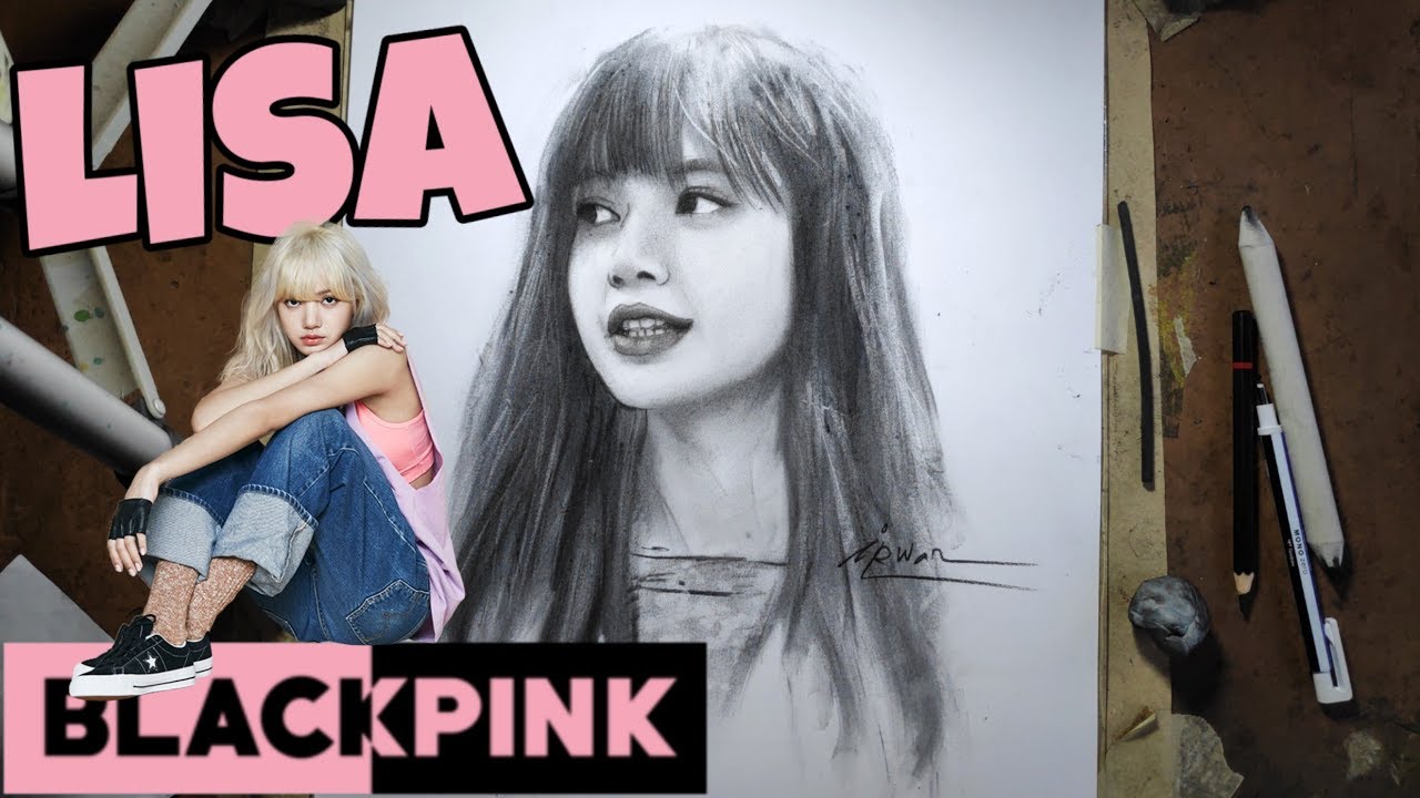  Sketsa  wajah LISA BLACK PINK menggunakan pensil arang  