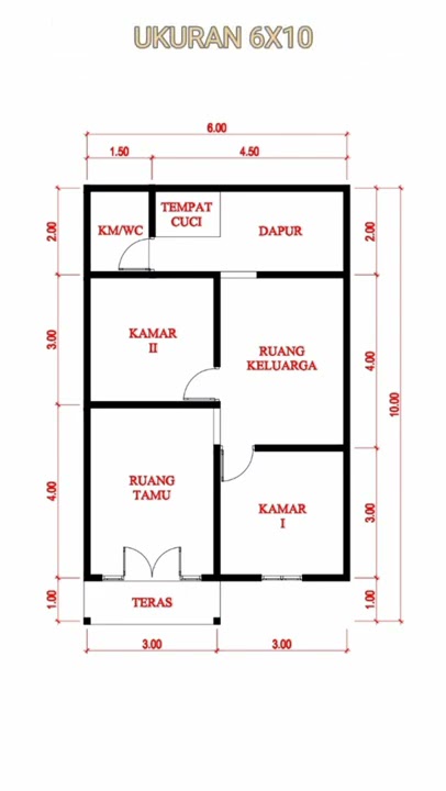 DESAIN DENAH RUMAH MINIMALIS UKURAN 6X10 METER DENGAN 2 KAMAR TIDUR