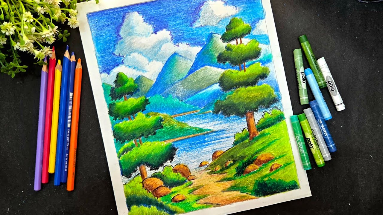 Easy Mountain Scenery Drawing/ How To Draw Mountain Scenery/ Oil Pastel Drawing