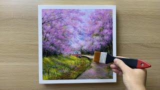 Daily challenge #200 / Acrylic / Scenic Train With Sakura Blossom Painting