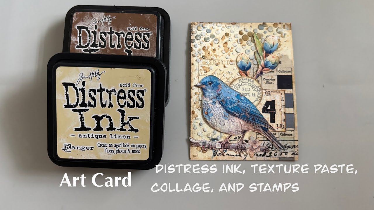 Mixed media art card using distress inks, texture paste, stamps, and ...