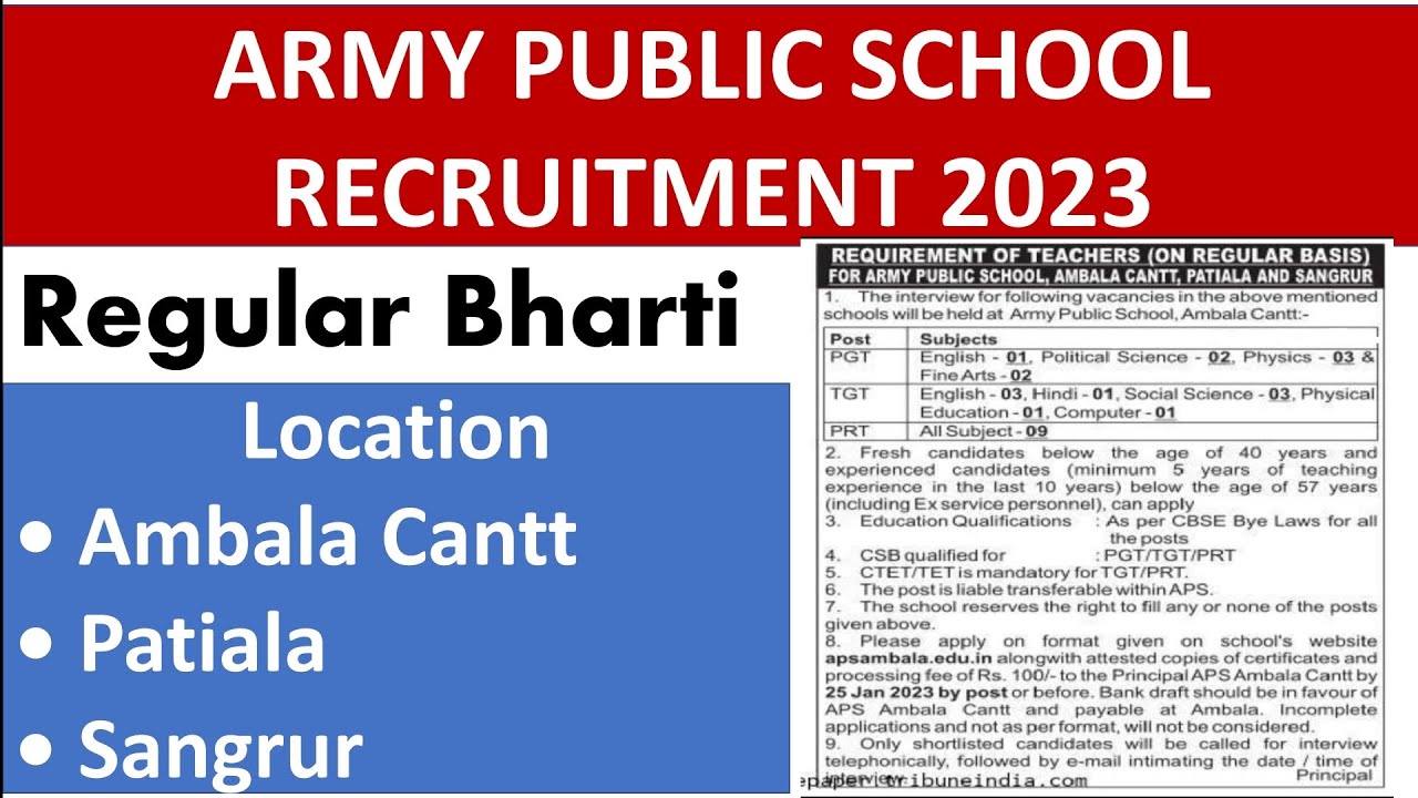ARMY Public School Recruitment 2023 for Amballa cantt, Patiala, Sangrur