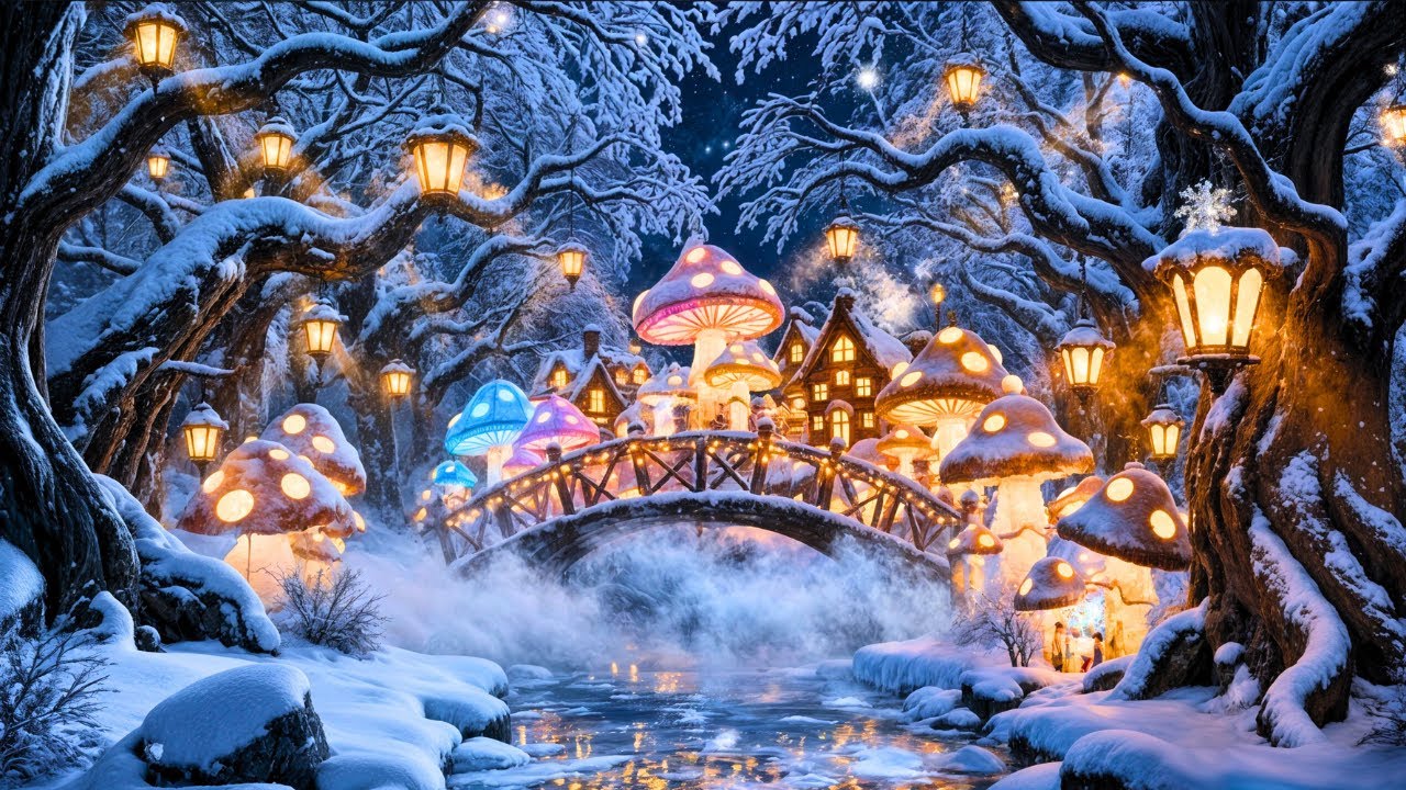 Magical Winter Forest of Glowing Mushrooms 🍄 Whimsical Fairy Village Ambience | Sleep Music