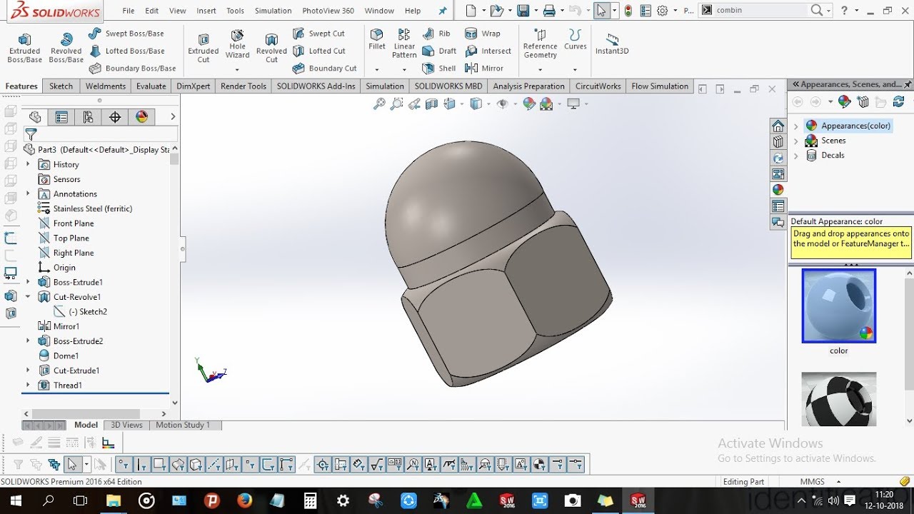 How to design Dome nut / Crown nut in Solidworks