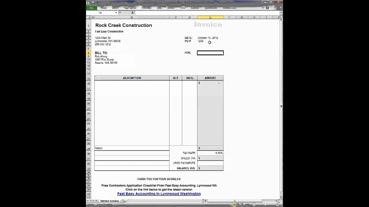 Free Contractor Invoice Template On Excel Video How It Works By Fast Easy Accounting