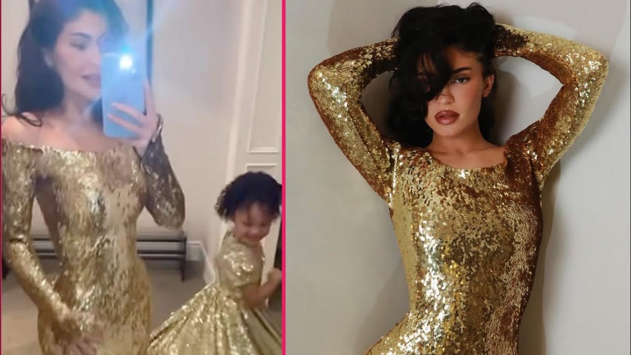 Kylie Jenner and daughter Stormi Shine in Matching Gold Glam for Christmas 2023