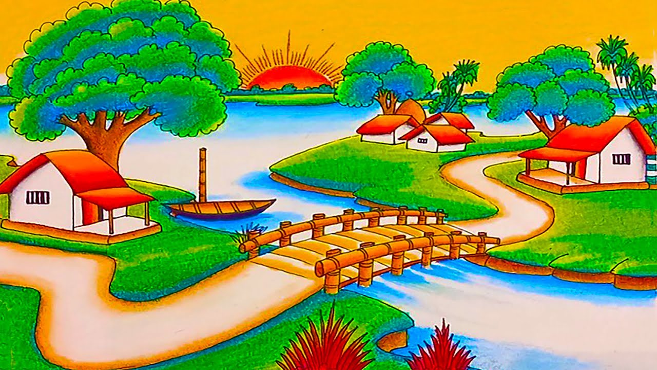 Easy Landscape Village Scenery Drawing Graphic by COLORART · Creative  Fabrica