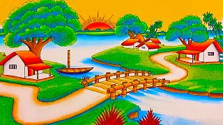 How to draw easy scenery drawing with oil pastel landscape village scenery drawing step by step