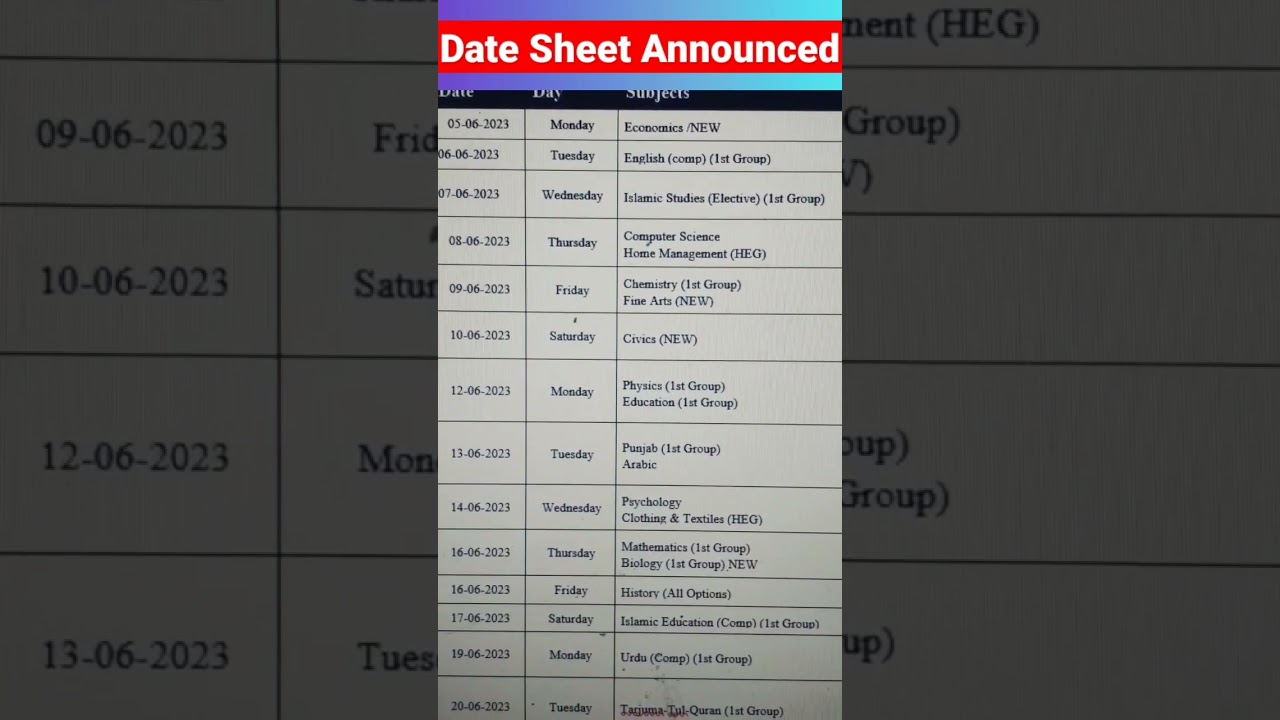 First Year date sheet Punjab board 2023| Date Sheet Intermediate Part 1 