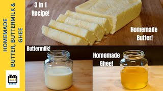 Perfect Homemade Butter, Buttermilk & Ghee (Clarified Butter)|3 in 1 Recipe@CookBakeMunch