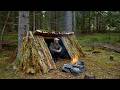 Camping Overnight in my Survival Shelter - Building Walls, Fireplace