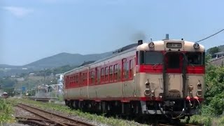 松原駅で交換するハウステンボス色と国鉄急行色キハ66・67
