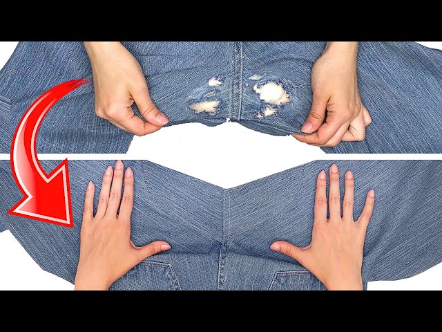 Fixing a tear in the inner thigh of these thrifted jeans!! #plussize , how to sew with a needle