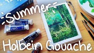 Trying the Holbein summer gouache paint set - Swatching, painting process and review!