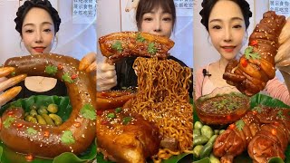 ASMR SOSLU ÇİN YEMEKLERİ YEME | Pork Belly + Noodles + Blood Sausage | 吃辛辣的中国食物 MUKBANG