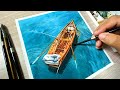 Wooden Boat in Watercolor Painting