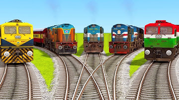 5 TRAINS CROSSING ON BUMPY FORKED RAILROAD CROSSING | Indian Railways Train Simulator 2022