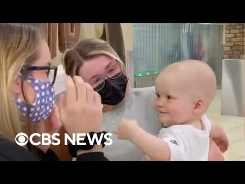 Aunt and nephew meet for first time at airport