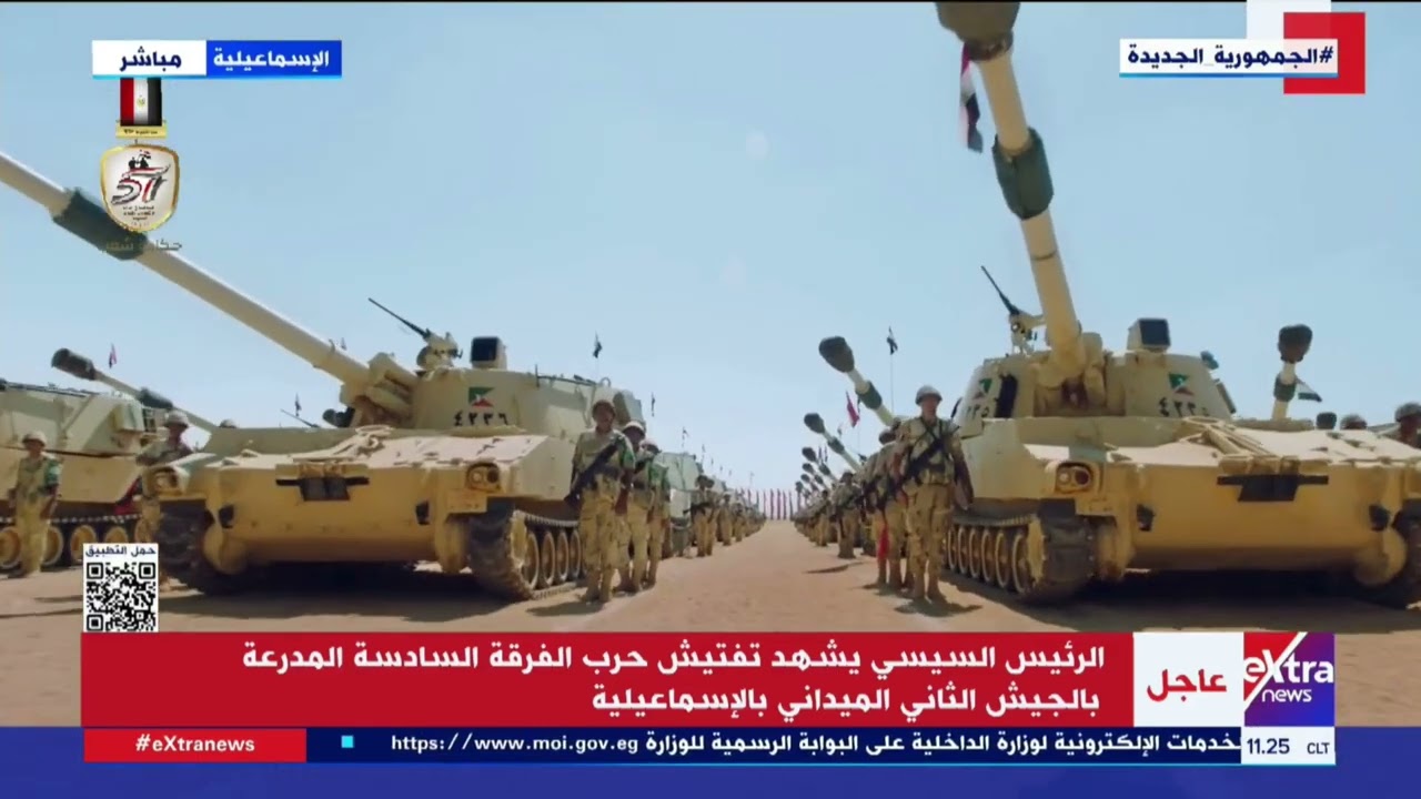 الرئيس السيسي يستمع لشرح عن اصطفاف تفتيش حرب الفرقة السادسة المدرعة