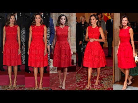 toma una foto sostén Monumento REINA LETIZIA ORTIZ con vestido rojo en encaje floral de CAROLINA HERRERA -  YouTube