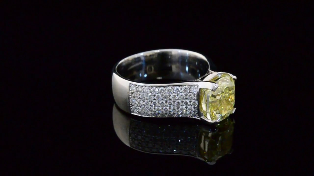 Canary Fancy Yellow Cushion Cut Diamond Engagement Ring, Micro Pave Wide Shank