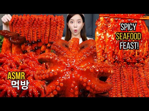 Mukbang ASMR Eating Spicy Octopus Squid Enoki Mushrooms Korean Seafood Cooking Eating