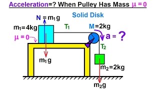 Physics 13.1  Moment of Inertia Application (6 of 11) Acceleration=? When Pulley Has Mass (mu=0)