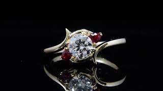 Round Cut 3 Stone Trillion Ruby Assymetrical Diamond Engagement Ring