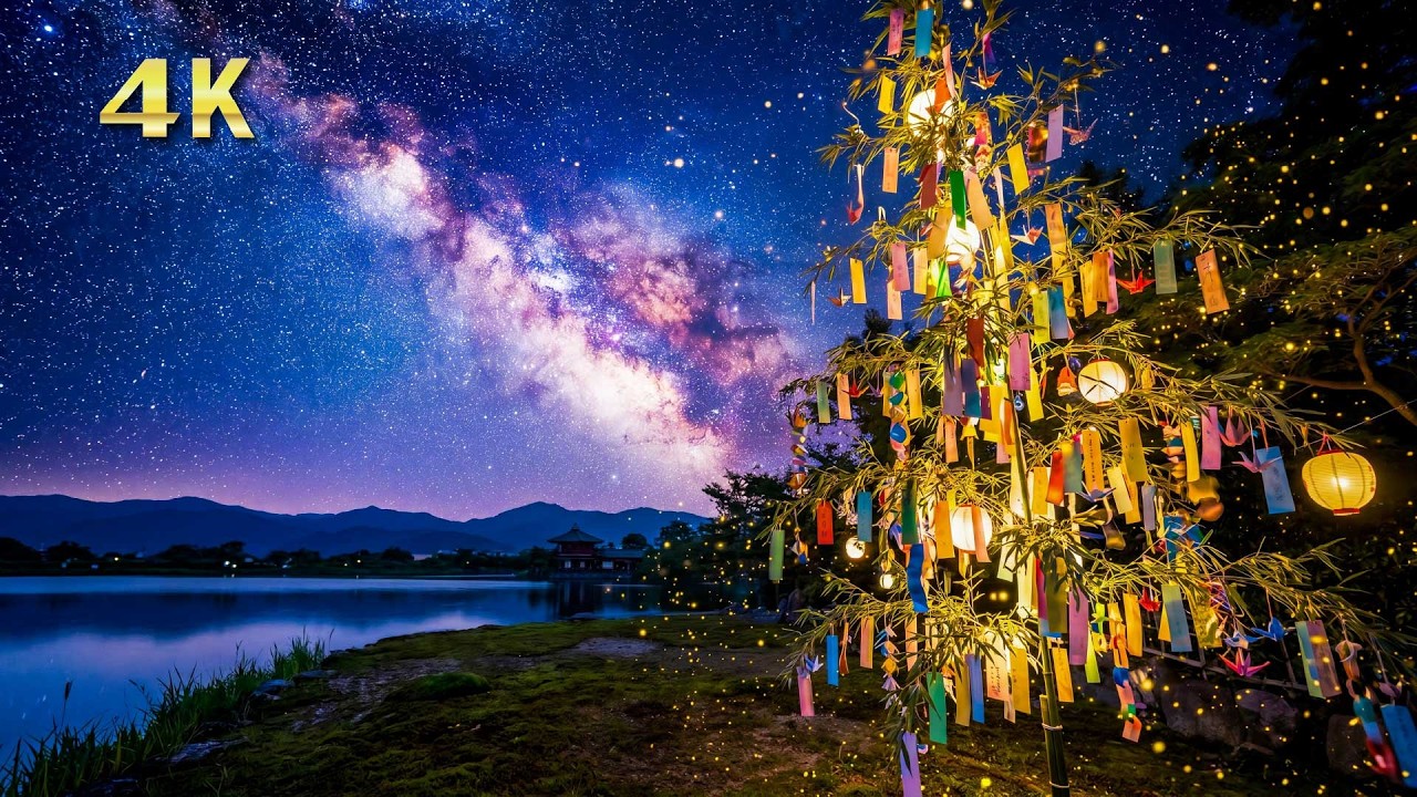 【4K】七夕の星空と天の川｜癒しの睡眠ピアノBGM｜Tanabata Star Festival Relaxing Music｜Milky way