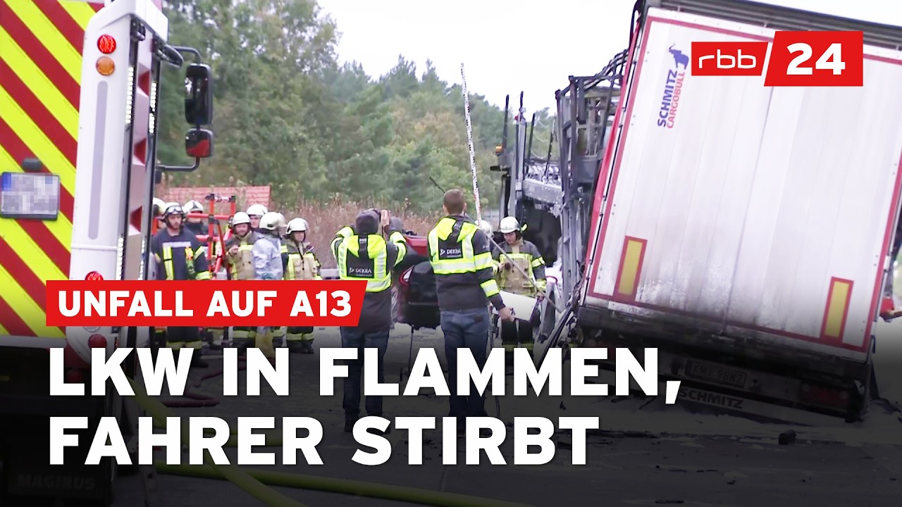 Unfall mit drei Lkw: Fahrer stirbt eingeklemmt in brennendem Lastwagen auf A13