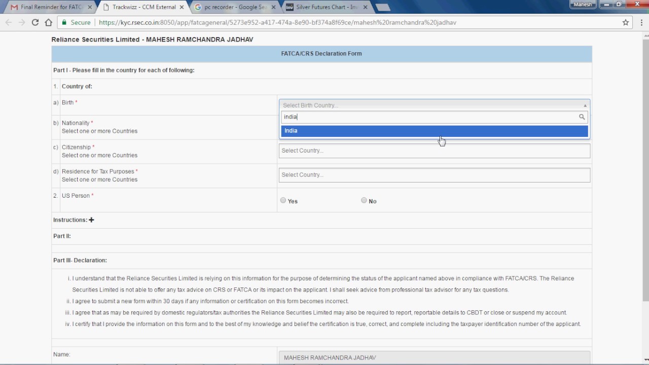 reliance securities fatca crs related declaration youtube fatca crs declaration form